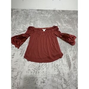 Miley +‎ Molly Womens Top Sheer Blouse Women's Size Large Rust Lace Sleeves EUC